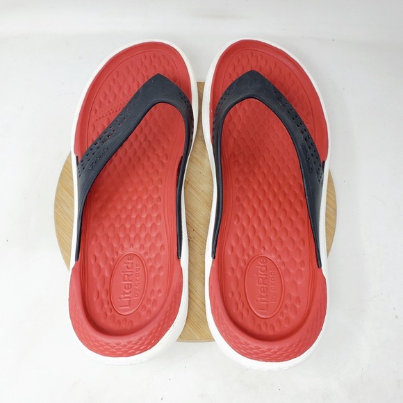 Crocs LiteRide Flip Flop Mens 10 Black Red Lightweight Sandals Shoes - Picture 7 of 13